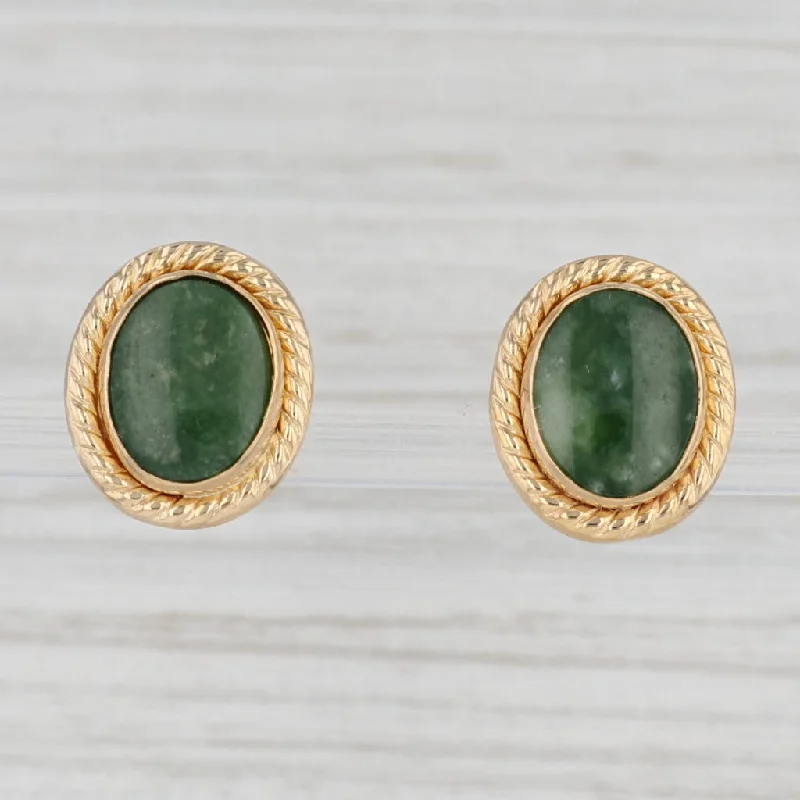 Elegant Cuff Earrings for Women-Oval Green Nephrite Jade Stud Earrings 14k Yellow Gold Solitaire Studs