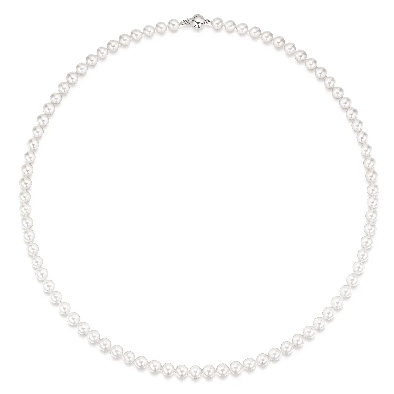 Modern Silver Necklace with Crystal Pendant-Akoya 5-5.5mm Pearl Necklet with 18ct White Gold Ball Clasp