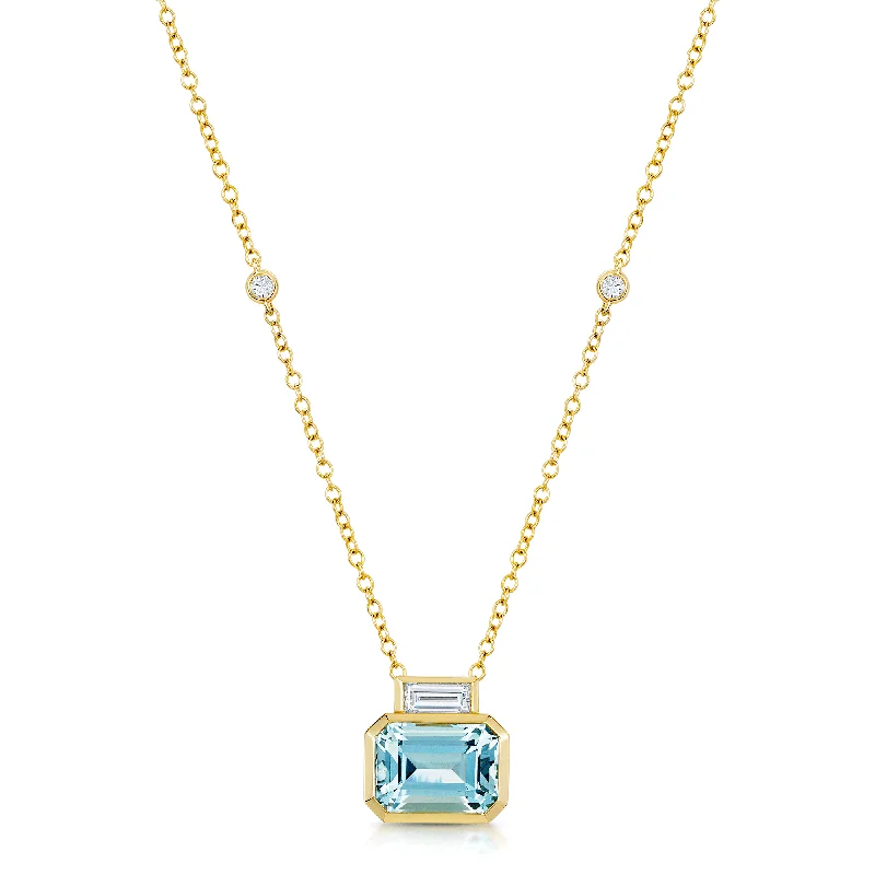 Elegant Layered Necklace with Charms-18ct Yellow Gold Emerald Cut Aquamarine And Baguette Cut Diamond Pendant