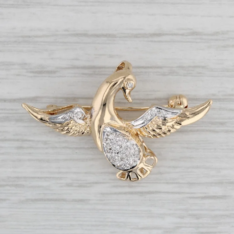 Sparkling Brooch For Occasions-Diamond Bird Pin Pendant 14k Yellow Gold Brooch Jewelry