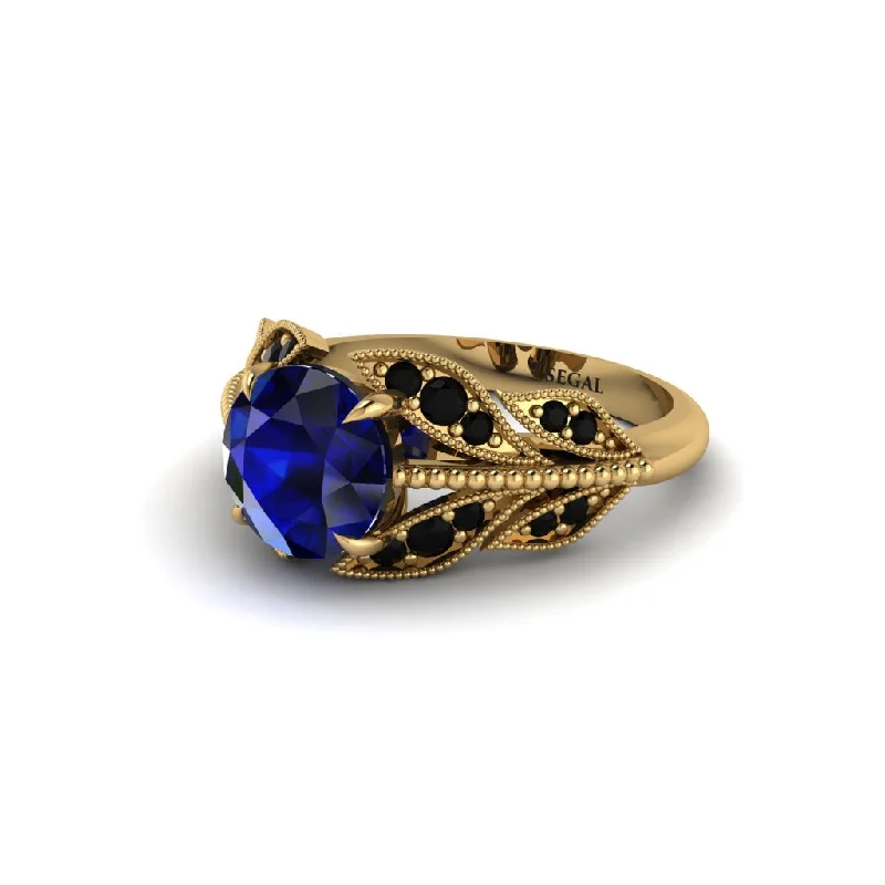 Elegant Ring with Diamond Halo and Sapphire Center-Sapphire Majestic Leaf Gold Engagement Ring - Makenna No. 43