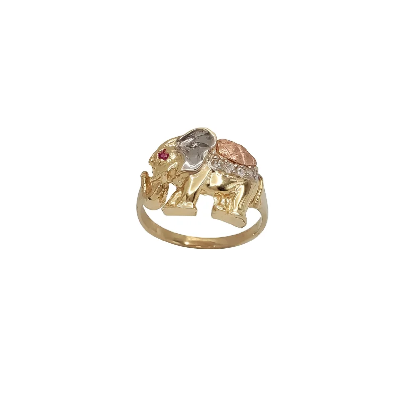 Personalized Ring Set with Engraving for Anniversary-Zirconia Tri-Color Elephant Ring (14K)