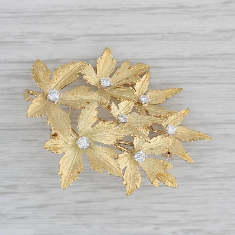 Stylish Wedding Brooch-0.35ctw Diamond Flower Brooch 10k Yellow Gold Floral Statement Pin