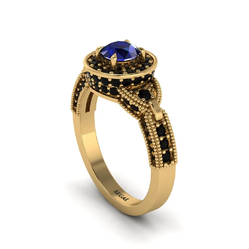 Classic Solitaire Ring with Round Diamond-Sapphire Double Halo Handmade Engagement Ring - Gracelyn No. 43