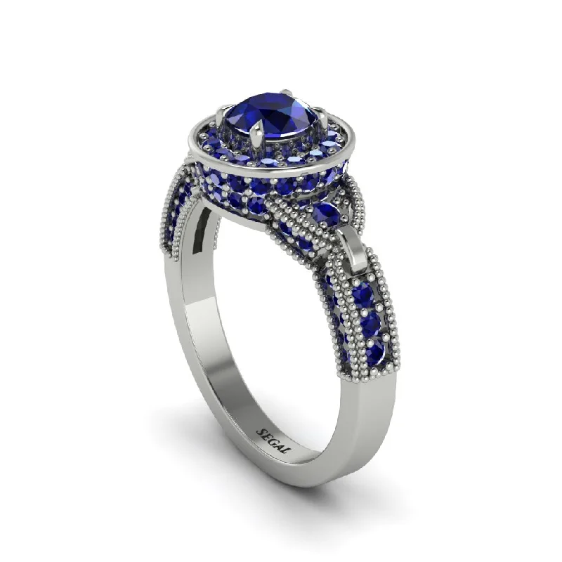 Classic Platinum Engagement Ring with Diamond-Sapphire Double Halo Handmade Engagement Ring - Gracelyn No. 75