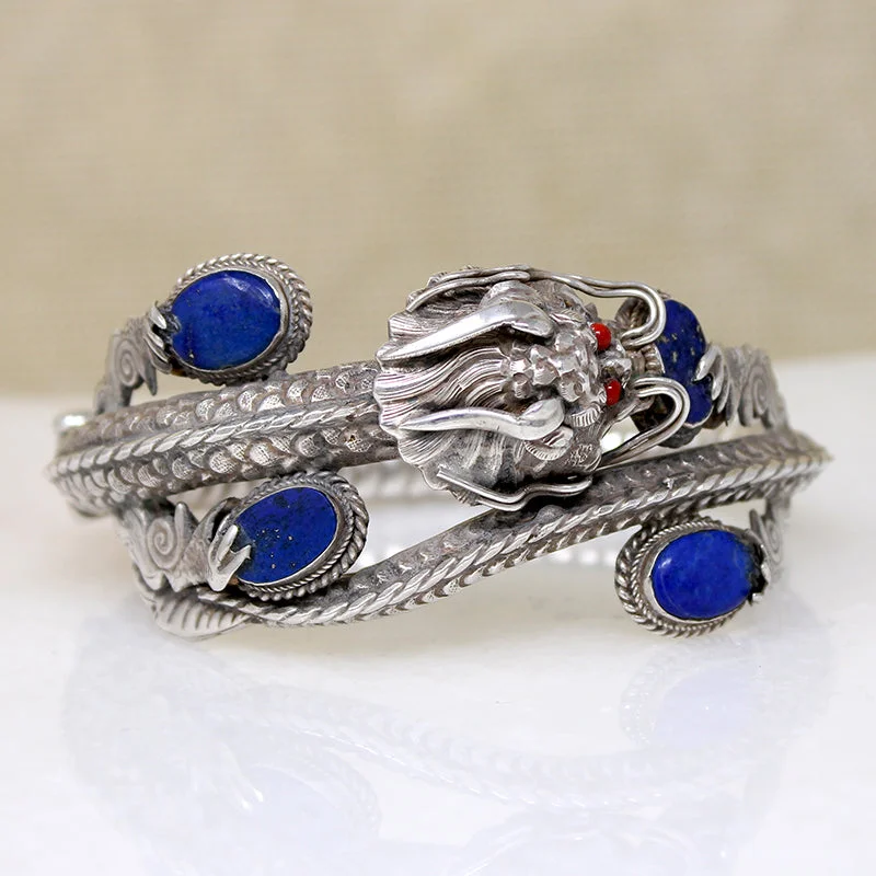 Custom Name Bangles for Brides-Sinuous Sterling Chinese Dragon Bangle with Lapis & Coral