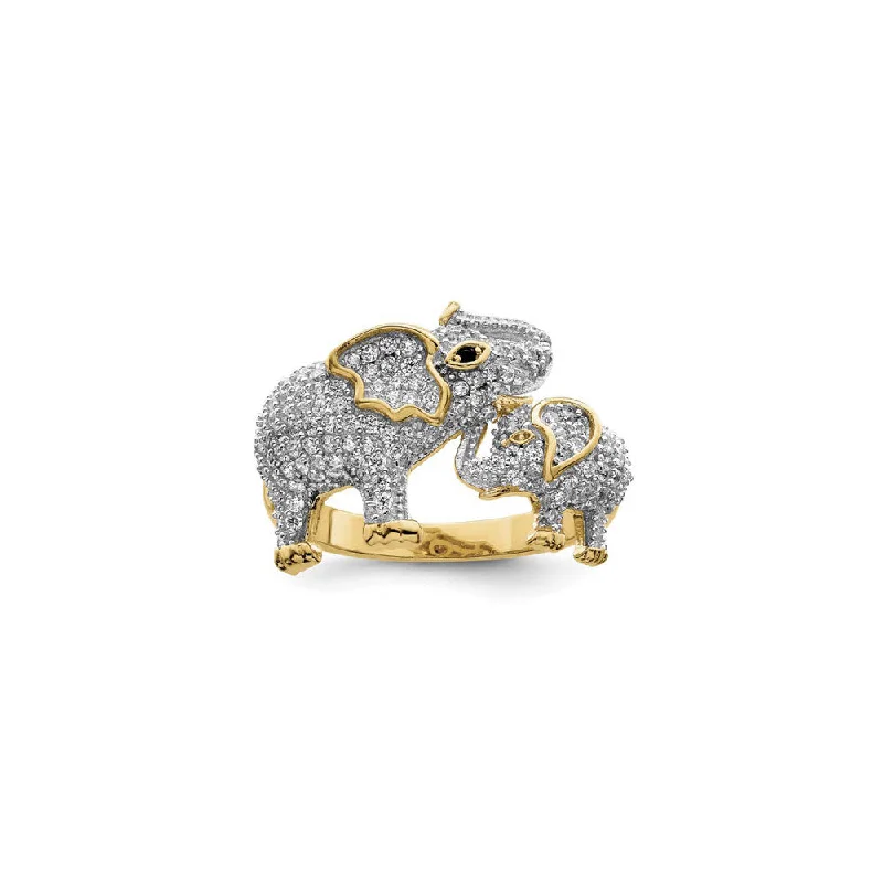 Vintage Gold Ring with Emerald Stone-Icy Elephant Mother and Baby Ring (Silver)