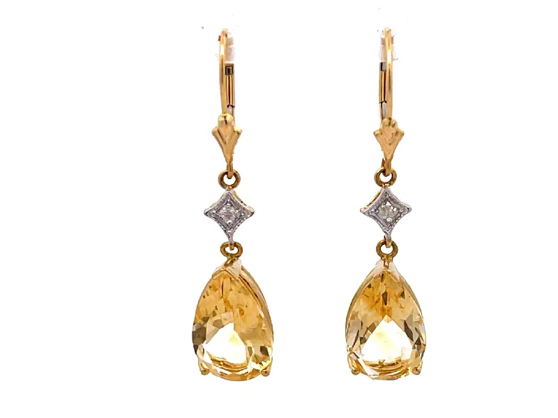 Swarovski Crystal Earrings for Brides-Pear Shaped Yellow Topaz Drop Diamond Dangly Earrings in 14K Yellow Gold