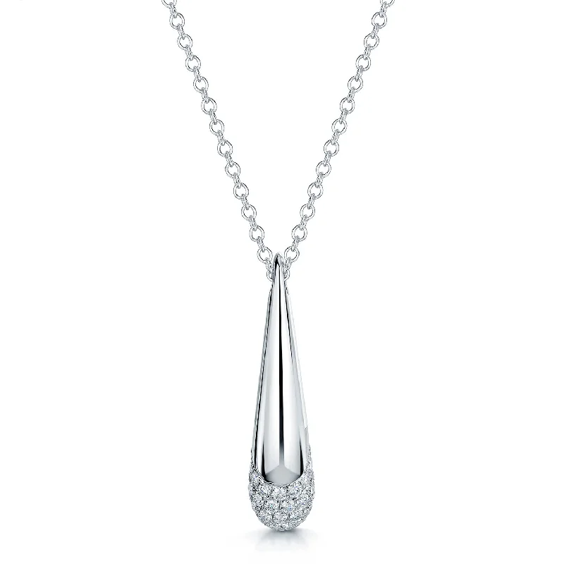 Long Chain Necklace with Heart Pendant-Ember Collection 18ct White Gold Diamond Pave Set Drop Pendant