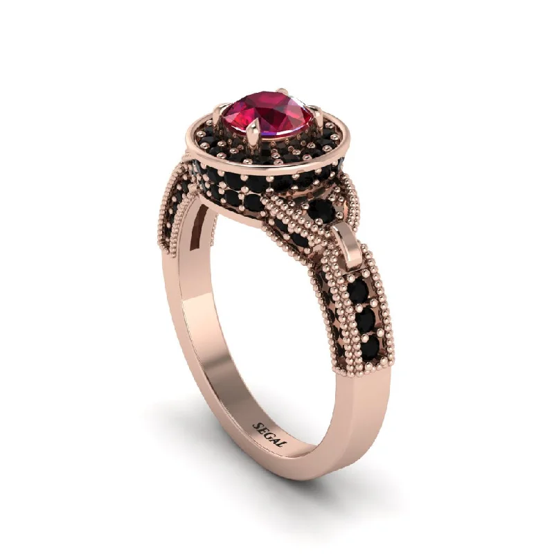 Boho Style Ring with Feather and Gemstones-Ruby Double Halo Handmade Engagement Ring - Gracelyn No. 41