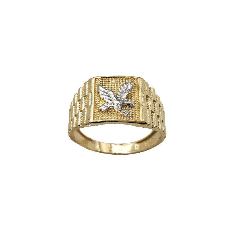 Personalized Wedding Band with Gemstone Inlay-Two-Tone Eagle Emblem Ring (14K)