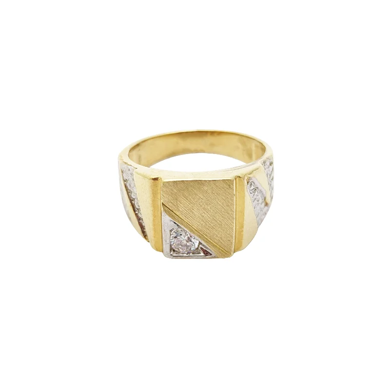 Unique Men’s Ring with Engraving for Personal Touch-Two-Tone Notched Rectangle Zirconia Signet Ring (14K)