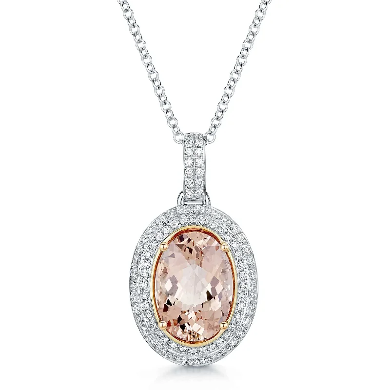 Custom Gold Necklace with Infinity Symbol-18ct White Gold Oval Morganite & Diamond Double Halo Pendant