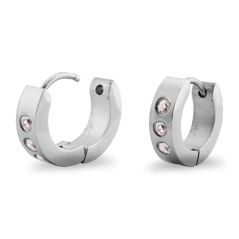 Classic Silver Hoop Earrings-Stainless Steel CZ Hinged Hoop Earrings / ERJ2162