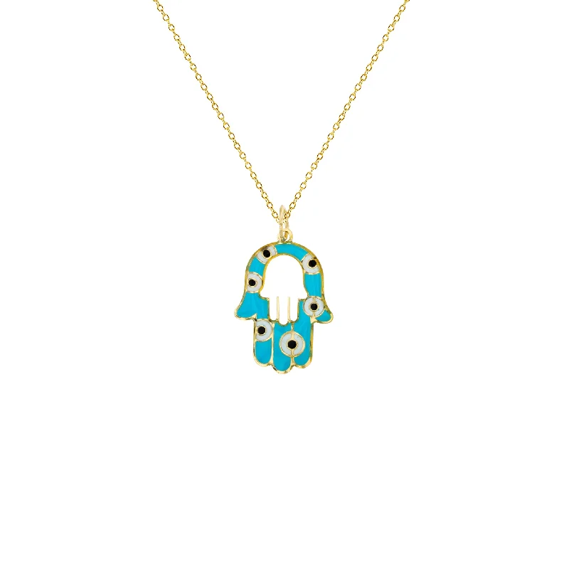 Elegant Gold Chain Necklace for Bridesmaids-Enameled Evil-Eye Hamsa Hand Fancy Necklace (14K)