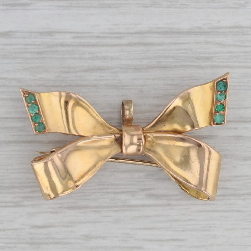 Brooch For Special Occasions-Antique Bow Brooch 14k Yellow Gold 0.15ctw Emerald 1800s Pin