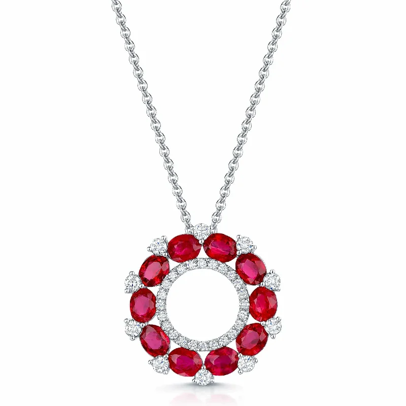 Simple Gemstone Necklace for Casual Outfits-18ct White Gold Ruby & Diamond Open Circle Pendant