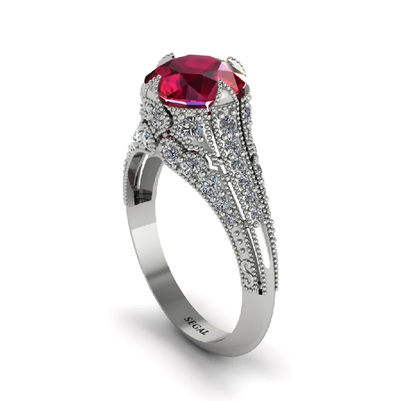 Simple Band Ring with Custom Engraving-Ruby Vintage Crown Engagement Ring - Talia No. 12