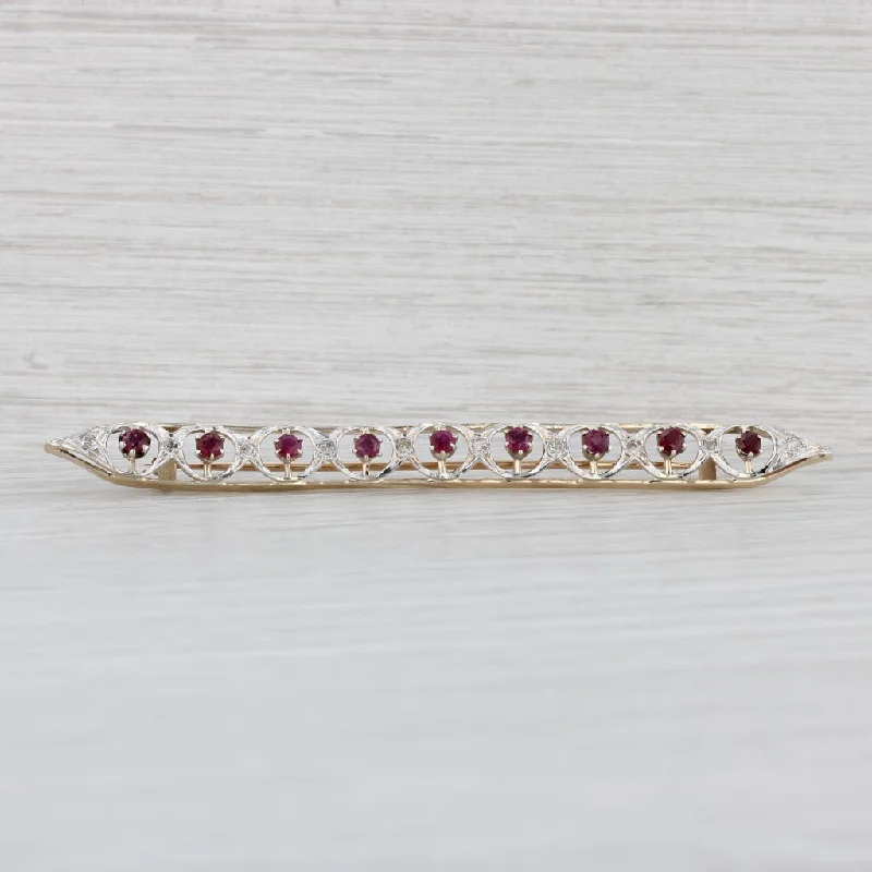 Enamel Brooch For Summer Dresses-Vintage 1.20ctw Ruby Diamond Bar Brooch Platinum 10k Yellow Gold Pin