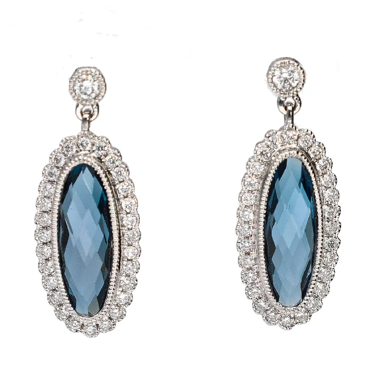 Beautiful Drop Earrings for Parties-14K White Gold Checkerboard Cut Oval London Blue Topaz & Diamond Earrings