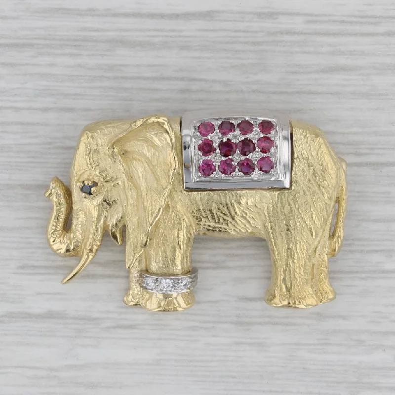 Brooch With Crystal Embellishments-0.45ctw Ruby Diamond Sapphire Elephant Brooch 18k Yellow Gold Platinum Pin