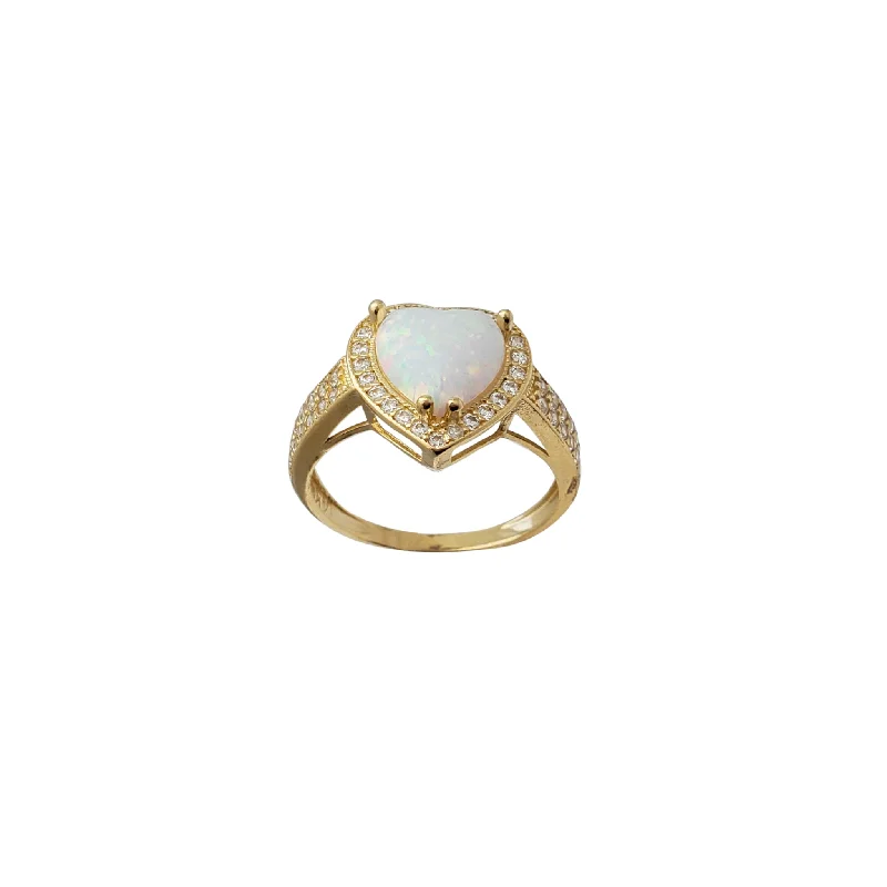 Simple Gold Wedding Band for Brides-Zirconia Opal Heart Ring (14K)