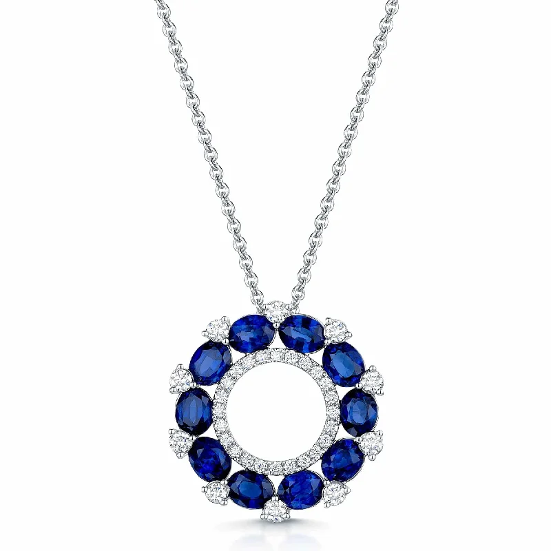 Stylish Silver Necklace with Gemstones-18ct White Gold Sapphire & Diamond Open Circle Pendant