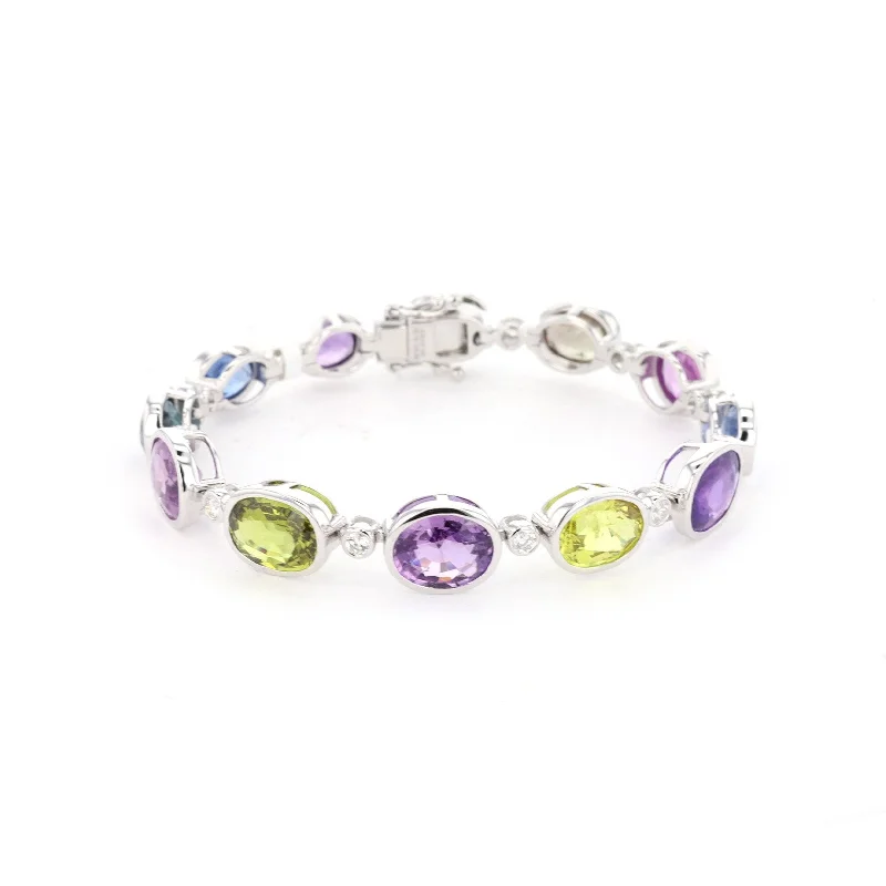 Simple Silver Bracelet with Engraved Name-Multi-Color Sapphire Bracelet