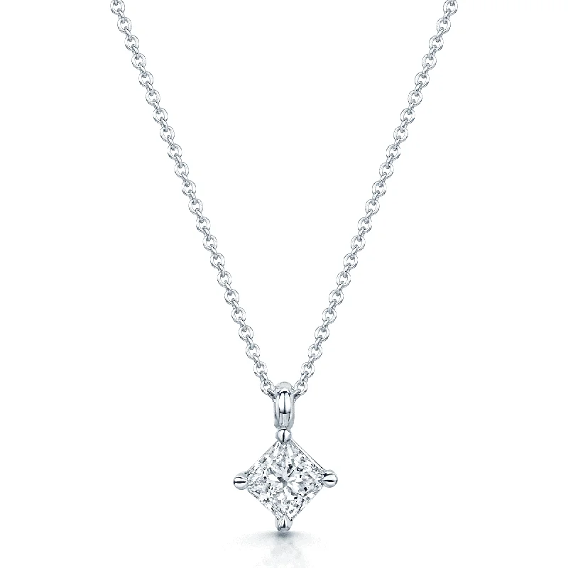 Simple Necklace with Heart-Shaped Pendant-18ct White Gold GIA Certificated Princess Cut Diamond Single Stone Pendant