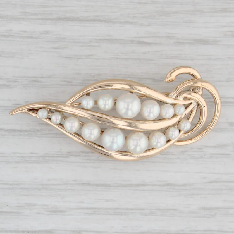 Brooch With Beautiful Crystals-Mikimoto Cultured Pearl Leaf Brooch 14k Yellow Gold Pin