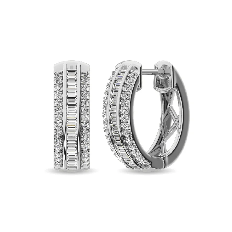 Chic Gold Drop Earrings-Diamond 1/3 Ct.Tw. Round and Baguette Hoop Earrings in 10K White Gold