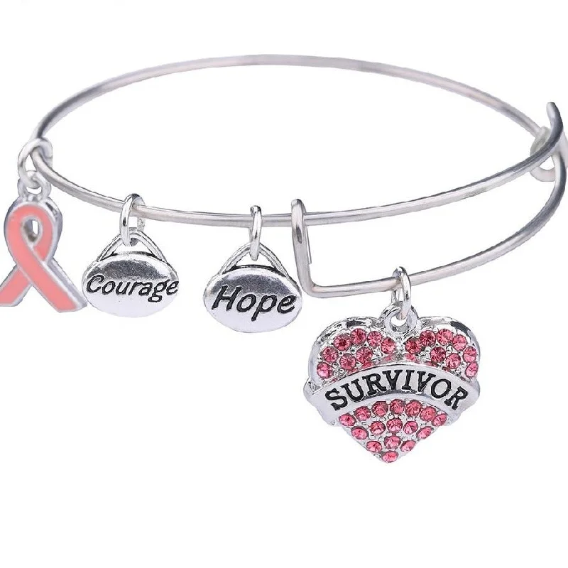 Customizable Rose Gold Bangles for Special Occasions-Pink Ribbon Breast Cancer Survivor & Crystal Hope Charm Bracelet DIY Wire Bangle