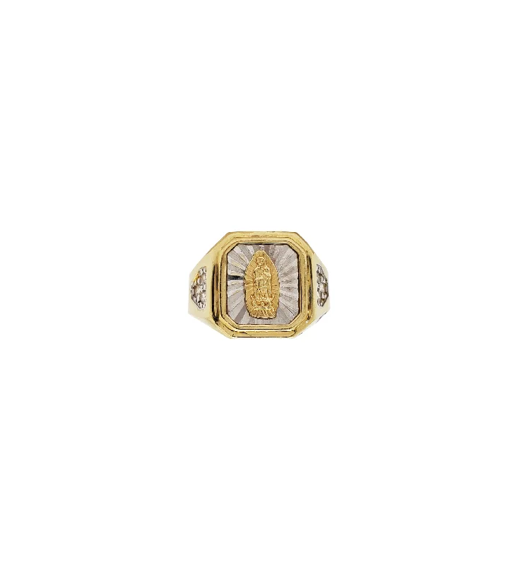 Trendy Men’s Ring with Gemstone Inlay-Two-Tone Saint Guadalupe Ring (14K)