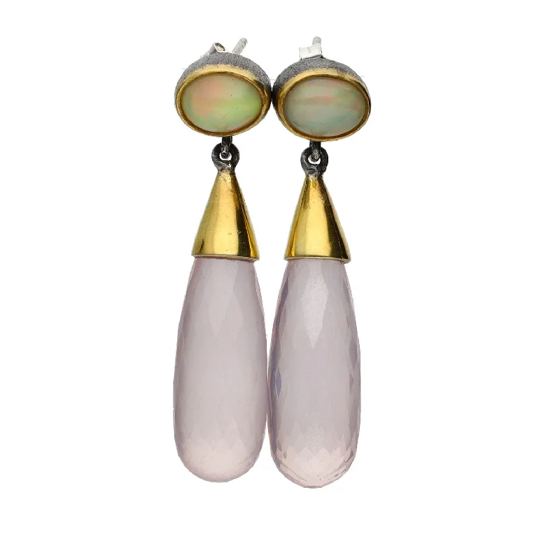 Trendy Stud Earrings for Teens-Bora Jewelry of Brooklyn sterling Silver & Bronze Drop Earrings w/Oval Opals & Teardrop Rose Quartz