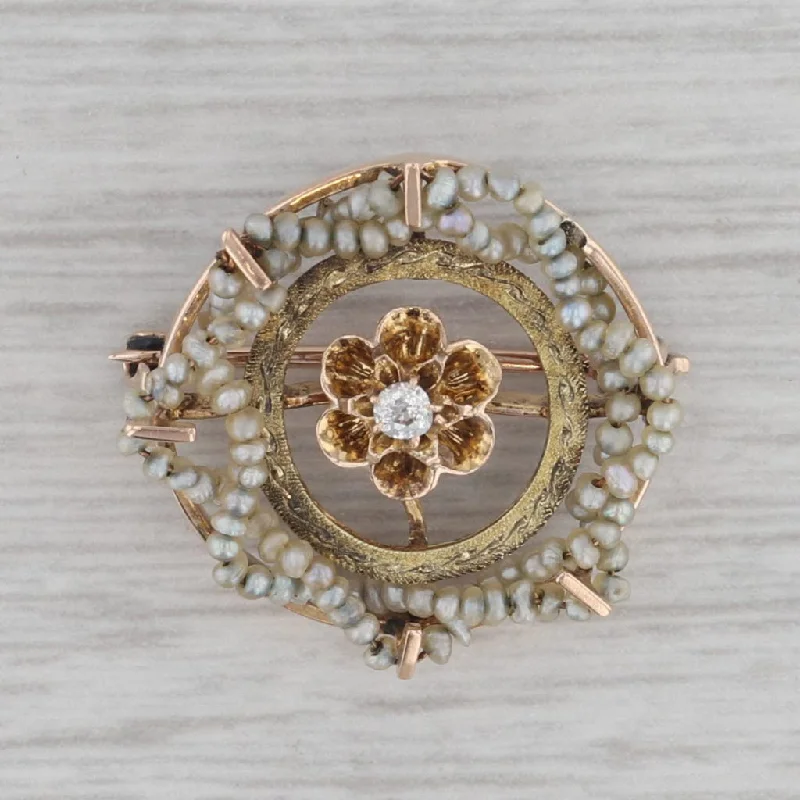 Classic Floral Brooch-Antique Seed Pearl Diamond Flower Pin 10k Yellow Gold Small Circle Brooch