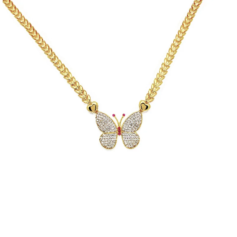 Handcrafted Pearl Necklace for Brides-Yellow Gold CZ Butterfly Fancy Necklace (14K)