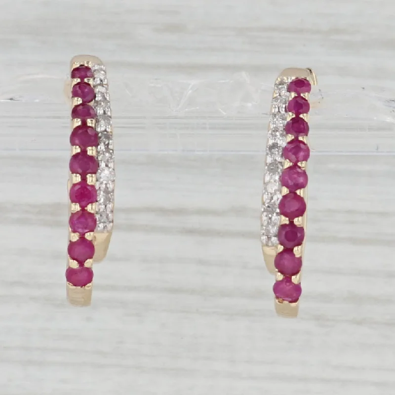 Statement Earrings for Glamorous Events-0.62ctw Ruby Diamond J-Hoop Earrings 10k Yellow Gold Snap Top Lever Backs