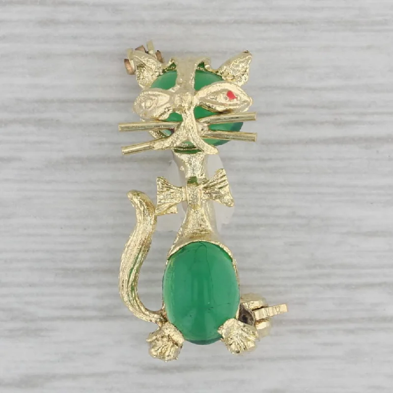 Elegant Brooch For Jewelry Box-Green Glass Cat Wearing Bow Tie Brooch 18k Yellow Gold Resin Pin Vintage