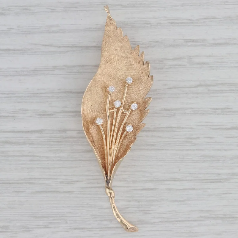 Creative Brooch With Vintage Charm-0.18ctw Diamond Spray Leaf Brooch 14k Yellow Gold Pin