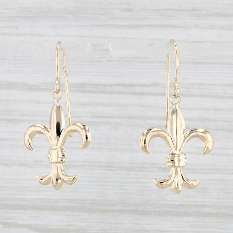 Sterling Silver Earrings with Zircon-Fleur De Lis Dangle Earrings 14k Yellow Gold Hook Posts