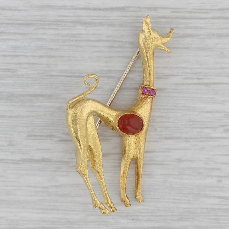 Brooch With Rhinestone Accents-Jeweled Deer Brooch 18k Yellow Gold Lab Created Ruby Glass Statement Pin