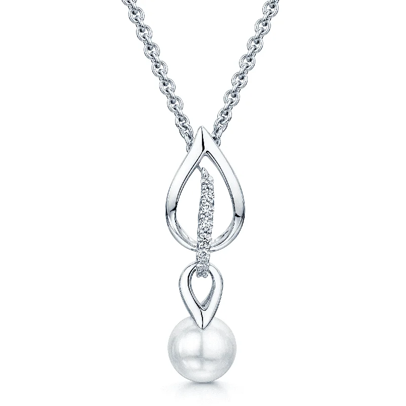 Classic Pearl Necklace for Bridesmaids-18ct White Gold Akoya Pearl & Diamond Laurel Pendant