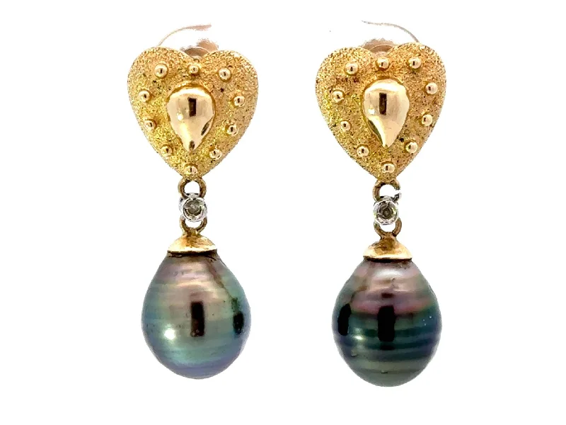 Elegant Chandelier Earrings for Weddings-Tahitian Pearl and Yellow Gold Heart Earrings 14K Yellow Gold