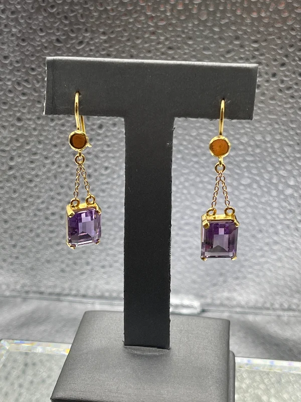 Unique Sterling Silver Earrings-Ladies Fabulous 22 Karat Solid Yellow Gold Amethyst Earrings