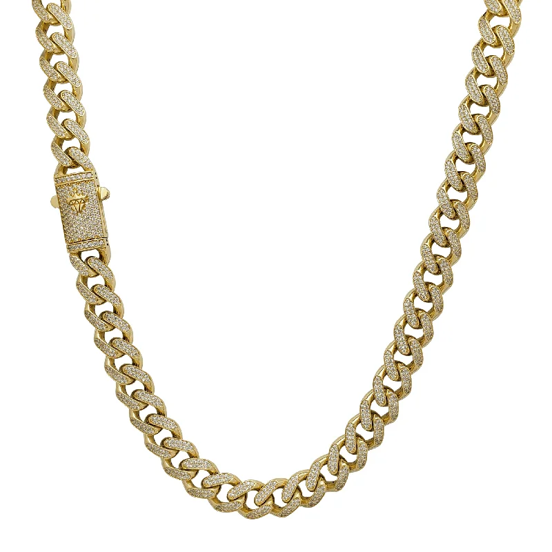 Simple Gold Necklace with Minimalist Pendant-Iced-Out Monaco Chain (14K)