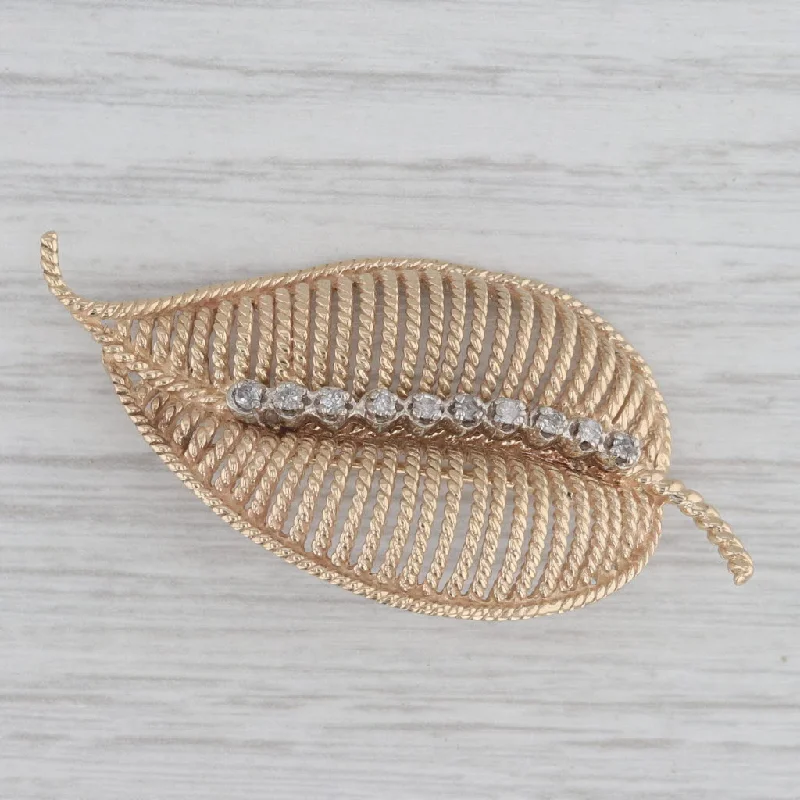 Simple Crystal Brooch-0.15ctw Diamond Filigree Leaf Brooch 14k Yellow Gold Statement Pin