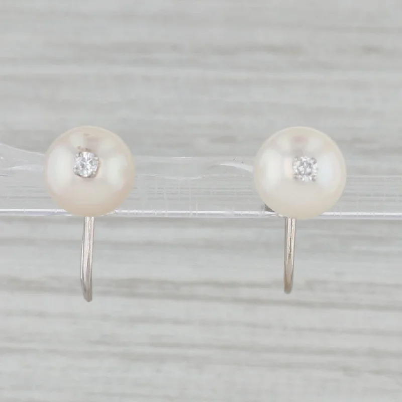 Fancy Drop Earrings with Diamonds-Galatea Cultured Pearl Diamond Earrings 14k Gold Screw Back Non Pierced