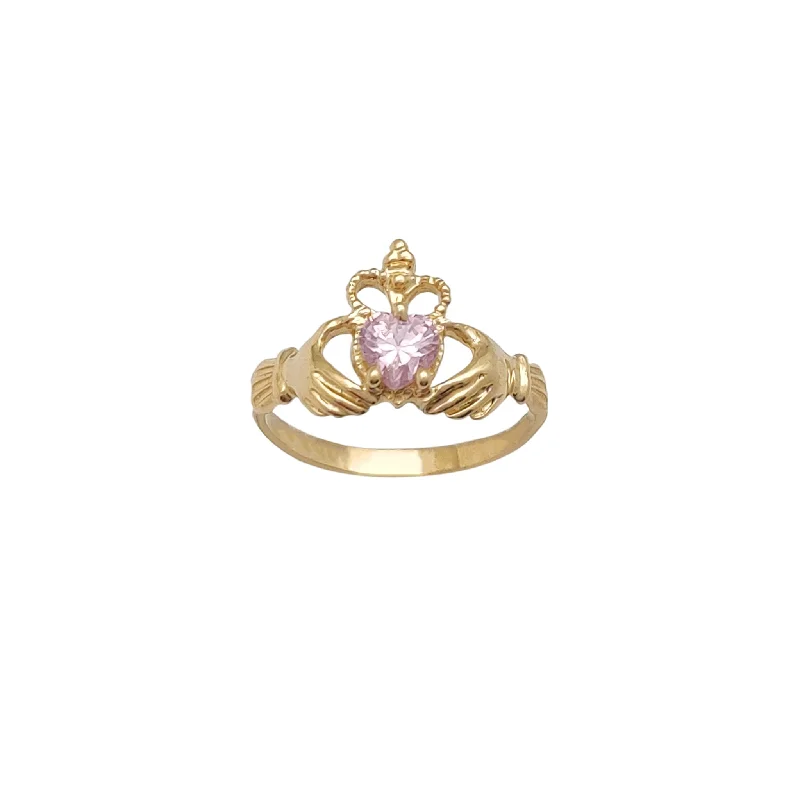 Elegant Rose Gold Ring with Ruby Accent-Milgrain Crown Pink Stone Claddagh Ring (14K)