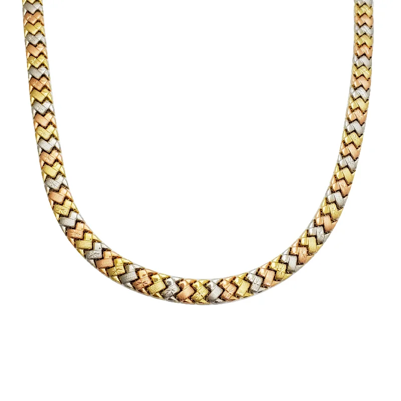 Elegant Long Necklace with Crystal Pendants-Tricolor M-Link Fancy Necklace (14K)