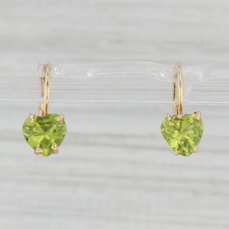 Stunning Drop Earrings for Evening Wear-2ctw Peridot Heart Drop Earrings 14k Yellow Gold Leverbacks August Birthstone